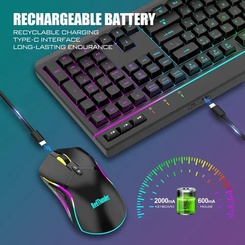 Vista 3 de RedThunder Combo de teclado y mouse inalámbricos K20, teclado antifantasma de tamaño completo con teclas multimedia + mouse óptico 7D 4800DPI, juego