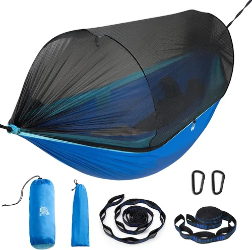 Vista 8 de Miztli Hamaca de camping – Hamaca portátil con amplia red y correas de árbol con bucles ajustables, hamaca doble e individual para exteriores