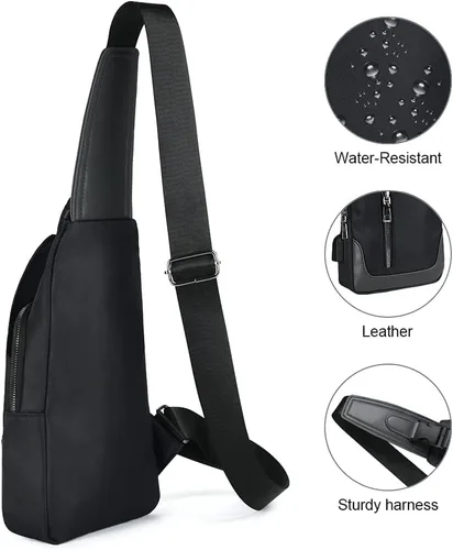 Vista 4 de Aucuu Mochila bandolera con puerto de carga USB, bolsa de pecho cruzada para hombres, senderismo, ciclismo, viajes, color negro, Negro -, Mochila