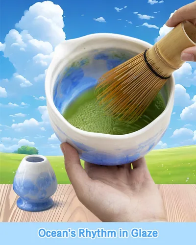 Vista 4 de Juego de Matcha de Cristal Natural con Flores - 4 Piezas Kit de Matcha de Grado Alimentario con Tazón con Pico, Batidor de Matcha, Cucharón