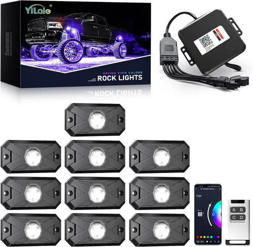 Vista 11 de YiLaie Luces LED RGB, 60 LED de alto brillo, kit de luz de neón multifunción impermeable para coche con control de aplicación/RF, luces de roca