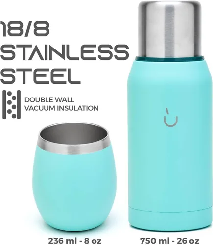 Vista 3 de BALIBETOV Kit Mate – Incluye 1 Taza Mate, 1 Bombilla Pajita y 1 Termo con 2 Tapones – Calabaza de Acero Inoxidable con Tapa (Aqua)