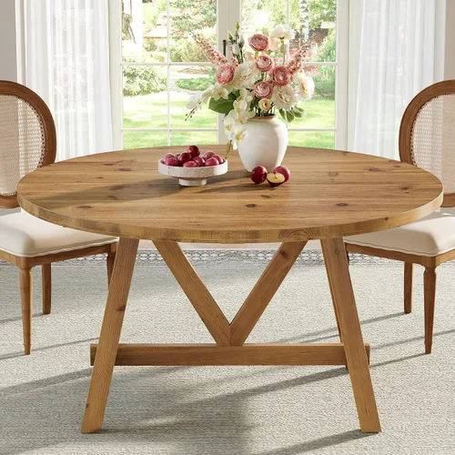 Vista 3 de Mesa de comedor de madera maciza de 47 pulgadas para 4-6, mesa de cocina redonda de granja con patas de madera resistentes, mesas de comedor