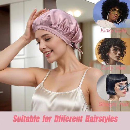 Vista 3 de Cocheng Gorro de seda 100% morera de doble cara con cinta ajustable, gorro de seda de 19 momme para dormir (rosa frijol)