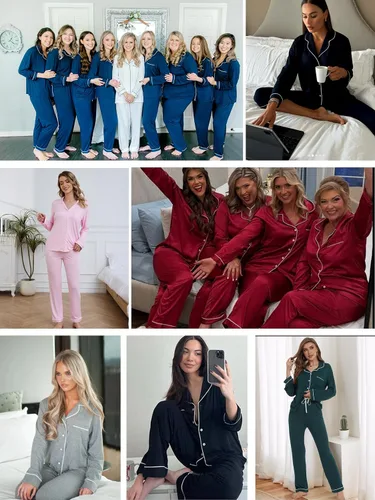Vista 4 de Juego de pijama con botones para mujer, de manga larga, ropa de dormir suave, conjunto de ropa de descanso, tallas XS-XXL bean paste
