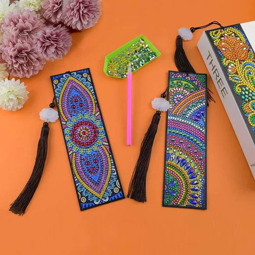 Vista 3 de Juego de 3 marcapáginas de arte de diamantes 5D para manualidades, manualidades, marcadores Dotz con borla para principiantes, niños, adultos