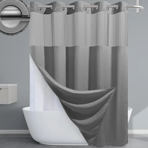 Vista 31 de EUTXL Cortina de ducha beige sin gancho con forro a presión, 230 GSM, cortinas de ducha para baño, 71 pulgadas de ancho x 74 pulgadas de alto