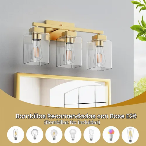 Vista 4 de PARTPHONER Lámparas de baño de 3 luces, luces de tocador modernas de oro cepillado, accesorios de iluminación de baño sobre el espejo, apliques
