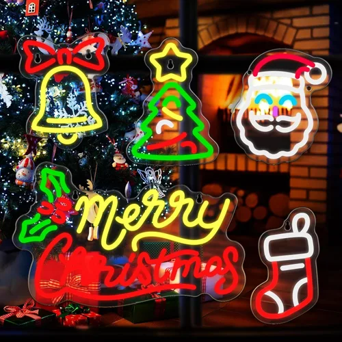 Vista 3 de 5 letreros de neón de Navidad con texto en inglés "Merry Christmas", campanas de Papá Noel, árbol de Navidad, luces LED, luces de neón de invierno