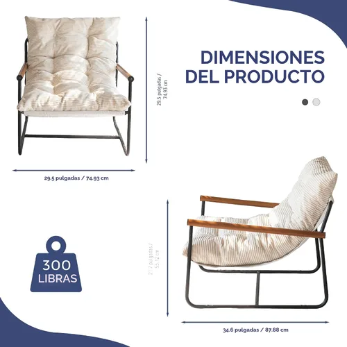 Vista 2 de MAXYOYO Silla decorativa moderna, cómoda, para sala de estar, con marco metálico y reposabrazos de madera, sillón tapizado con cojín suave para Beige