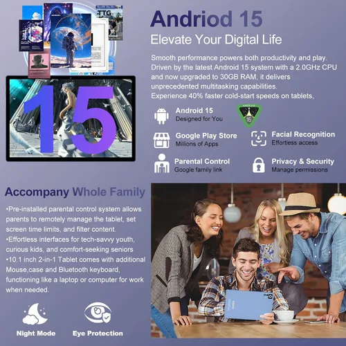 Vista 5 de Tableta Android 15 2026 con teclado Gemini AI, 30 GB+128 GB Tabletas electrónicas Octa-Core con pantalla IPS HD de 10 pulgadas, 8000 mAh, WiFi 5G