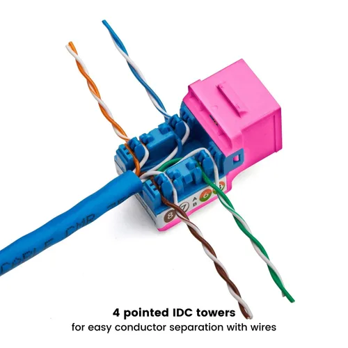 Vista 84 de TRUE CABLE Conector Keystone Cat5e, sin blindaje (UTP), perforado de 90 grados, PoE++ (4PPoE) 100W, certificación UL, verificado ETL, certificado