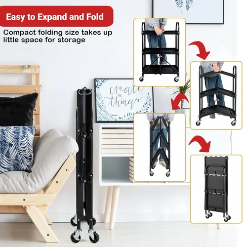 Vista 3 de IRONMAX Carrito de servicio plegable con ruedas, carrito plegable de 3 niveles de metal resistente con rueda universal y compartimentos, carrito