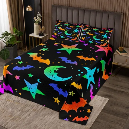 Vista 14 de Erosebridal Juego de colcha de murciélago de Halloween, tamaño individual, estrellas con purpurina y galaxia, para niños, decoración de Halloween