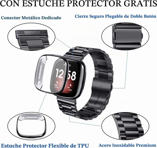 Vista 4 de ZPJPPLX para Fitbit Versa 4/Sense 2, Correa de Muñeca de Acero Inoxidable Sólido con Funda de Reloj, para Versa 3/Sense Correas de Repuesto de Metal