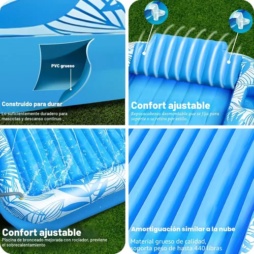 Vista 5 de Flotador inflable de 78 x 50 pulgadas para piscina con aspersor, flotadores de piscina extra grandes para adultos con almohada 6 en 1, flotador