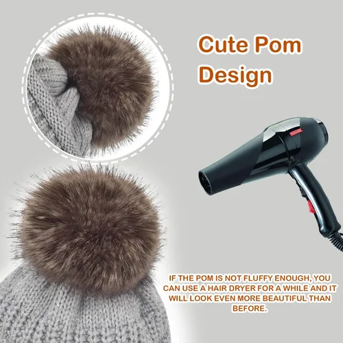 Vista 4 de Conjunto de guantes de gorro holgado para mujer, tejido de invierno, cálido, forro polar con bonito pompón