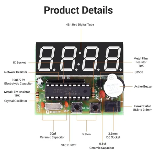 Vista 2 de MiOYOOW Kits de reloj digital de 4 dígitos con PCB, kit de proyecto de soldadura de reloj de alarma DIY para aprender soldadura electrónica