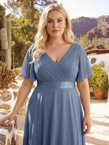 Vista 5 de Ever-Pretty Vestidos formales de noche de gasa para mujer con cuello en V de talla grande para mujeres con curvas, vestido de dama de honor de largo