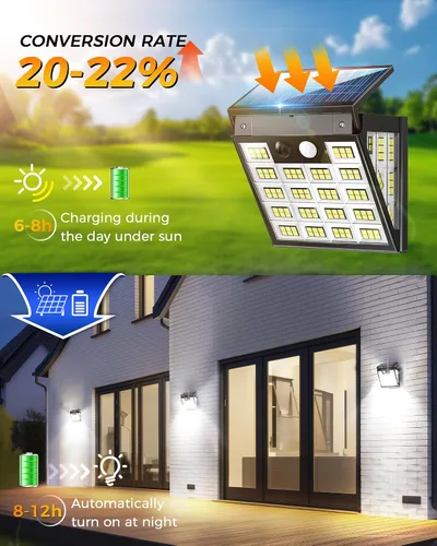 Vista 7 de 160 luces LED solares de movimiento para exteriores, luces solares de pared de 3 lados para exteriores, gran angular de 270°, 3 modos