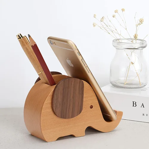 Vista 5 de Portalápices creativo elefante regalos juguetes de madera lindo soporte para lápices y teléfono celular soporte organizador para escritorio