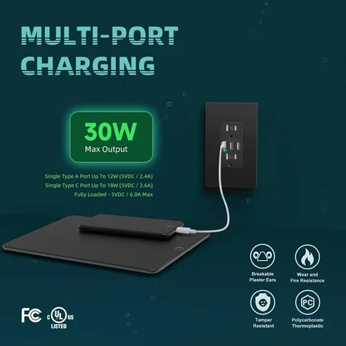 Vista 2 de TOPELER Toma de pared USB C negra, toma eléctrica de carga rápida de 30W 6.0Amp con 3 puertos USB (1*Tipo C y 2*Tipo A), receptáculo resistente a