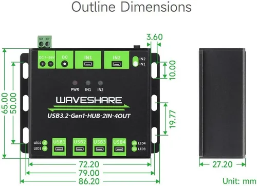 Vista 7 de Waveshare HUB USB de grado industrial, extendiendo 4 puertos USB 3.2, hosts duales conmutables, múltiples protecciones