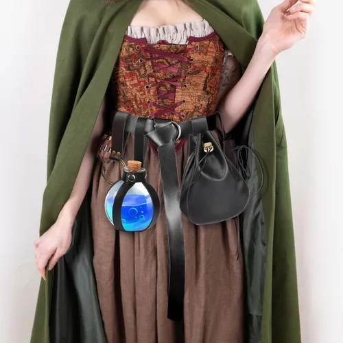 Vista 3 de Juego de 4 piezas de cinturón renacentista de Halloween, bolsa de cinturón de corcho, poción de corcho, falda de botella, caminatas, medieval