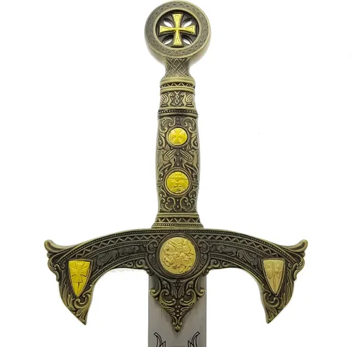 Vista 2 de Espada medieval cruzada de 45 pulgadas con placa de exhibición de pared. para decoración de pared, colección, cosplay Plateado