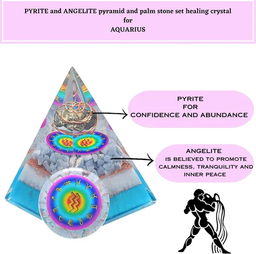 Vista 4 de Juego de pirámide de orgón y piedra de palmera de horóscopo, cristal curativo de acuario, signo del zodiaco, hecho de pirita y angelita para calma