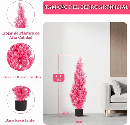 Vista 3 de Dos plantas artificiales rosas de 4 pies, árboles artificiales para interiores y exteriores, arbustos artificiales antirrayos ultravioleta, cedro