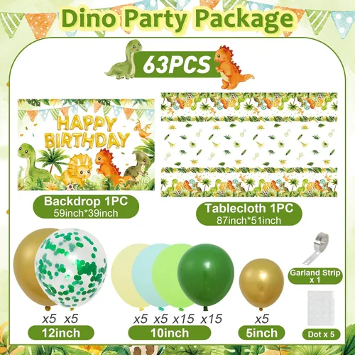 Vista 5 de Decoraciones de cumpleaños de dinosaurios, suministros de fiesta de Kit de guirnalda de arco de globos verdes, mantel de fondo de dinosaurio