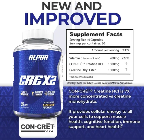 Vista 3 de Alpha Supps Cre X2 creatina HCL - Fórmula de creatina CON-CRēT® y mezcla de éster etílico CEE - Alta potencia para un mejor rendimiento y apoyo