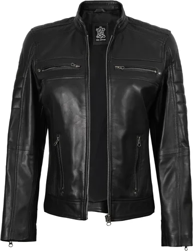 Vista 3 de Blingsoul - Chaqueta de cuero Cafe Racer para mujer - Chaquetas de piel de cordero real para mujer Negro