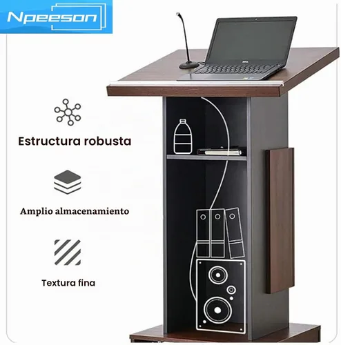 Vista 5 de Atril portátil con ruedas de bloqueo y soporte de micrófono ajustable, mesa de podio de madera para sala de conferencias, escritorio de podio