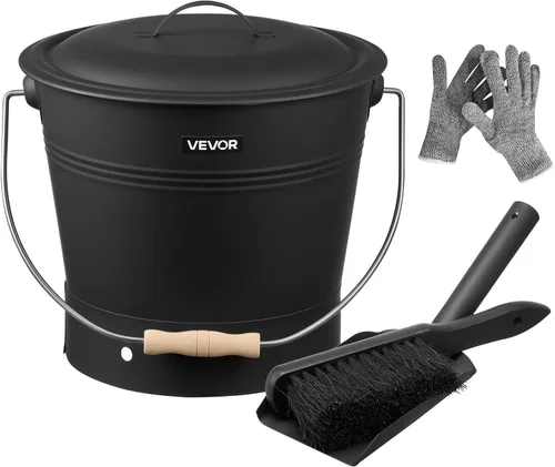 Vista 10 de VEVOR Cubo de ceniza, 4 piezas con tapa, pala, escoba y guantes, cubo de carbón de metal para chimenea y lata de cenizas, 4 galones de gran