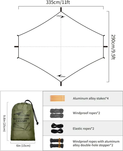 Vista 5 de Hamaca con mosca de lluvia, lona impermeable de 11 x 9 pies con puertas, lona ligera y con protección UV, multifuncional para mochileros