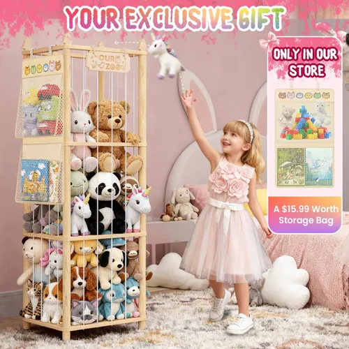 Vista 8 de Almacenamiento de animales de peluche: organizador grande de almacenamiento de juguetes de madera con 1 red de almacenamiento extraíble para colgar