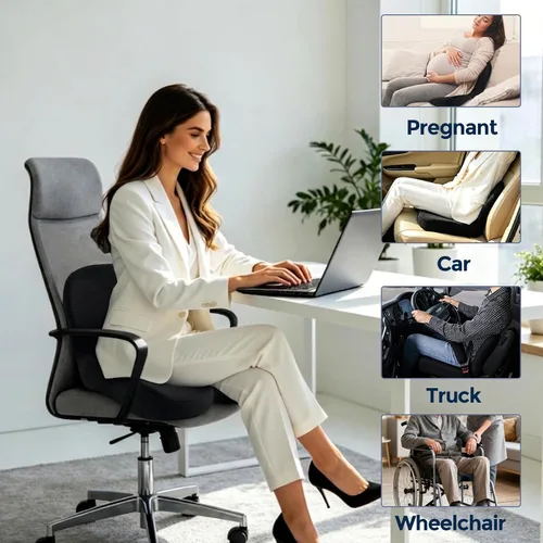 Vista 4 de Cojín de asiento ergonómico con correa ajustable, cojín de asiento de silla de oficina de espuma viscoelástica con diseño en forma de L, cojín