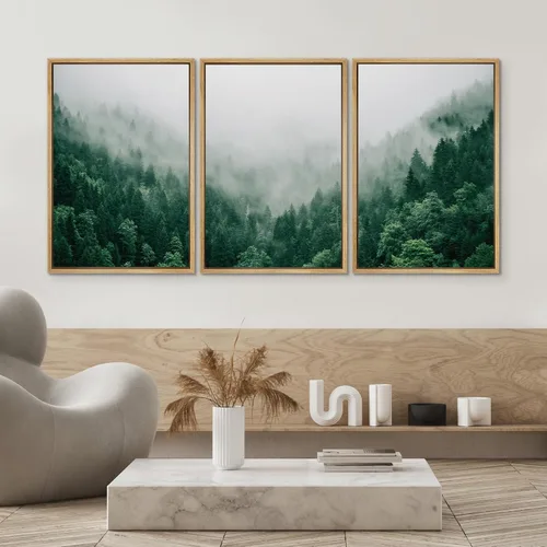 Vista 549 de SIGNWIN Lienzo enmarcado para pared, juego de arte pastel con cadena montañosa, bosque, niebla, naturaleza silvestre, ilustraciones modernas, arte