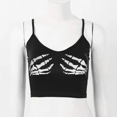 Vista 3 de MSemis Camiseta sin mangas con diseño de calavera y estampado a mano, con tirantes delgados, para mujer