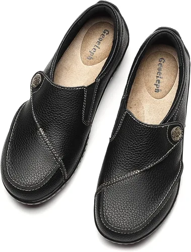 Vista 5 de Geoeleph - Mocasines de cuero para mujer, cómodos, planos, para caminar, con cordones, informales Negro