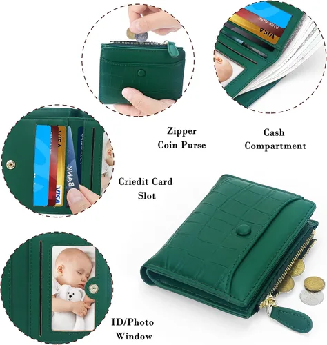 Vista 3 de Cartera pequeña para mujer, cartera compacta de cuero plegable para mujer con cremallera, Patrón de piedra, verde oscuro, Moda