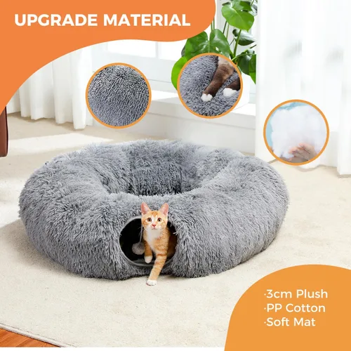 Vista 6 de PAWZ Road Túnel grande para gatos, cama túnel para gatos con alfombrilla central suave y bolas colgantes, tubo plegable de felpa esponjosa