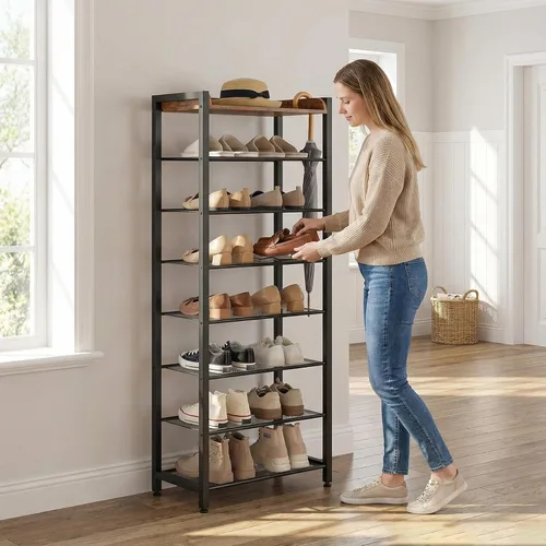Vista 7 de HOOBRO Zapatero de 8 niveles, almacenamiento de zapatos de gran capacidad para 14 a 16 pares, estante de zapatos de metal resistente para entrada
