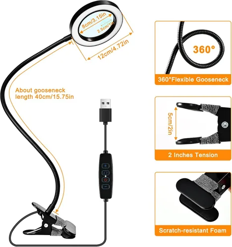 Vista 5 de Lupa de doble lente 20X/10X con luz y temporizador, lupa de lente combinada con luz, 3 modos de color, lámpara de escritorio con aumento 2 en 1