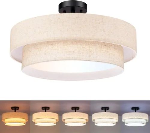 Vista 8 de Hamilyeah Lámpara de techo redonda de montaje semiempotrado de 20 pulgadas, LED de 48 W con pantalla de tela, tambor regulable de doble capa 5CCT 20