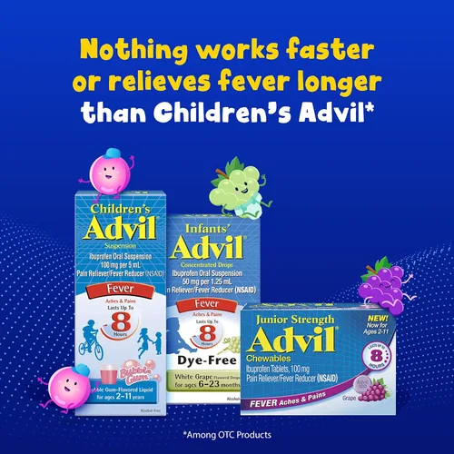 Vista 10 de Children's Advil Analgésico y reductor de fiebre, suspensión oral de ibuprofeno sin colorantes y sin azúcar, sabor a bayas, 4 onzas líquidas