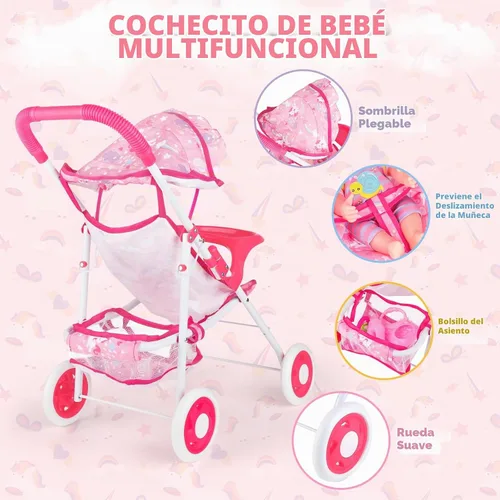 Vista 5 de deAO Juego de cochecito de muñeca de bebé de 12 pulgadas con cochecito de muñeca plegable, 15 piezas, accesorios para muñecas de bebé para niños