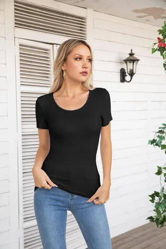 Vista 2 de VICHYIE Camisas de verano para mujer, cuello redondo, manga corta, acanaladas, ajustadas, casuales, básicas